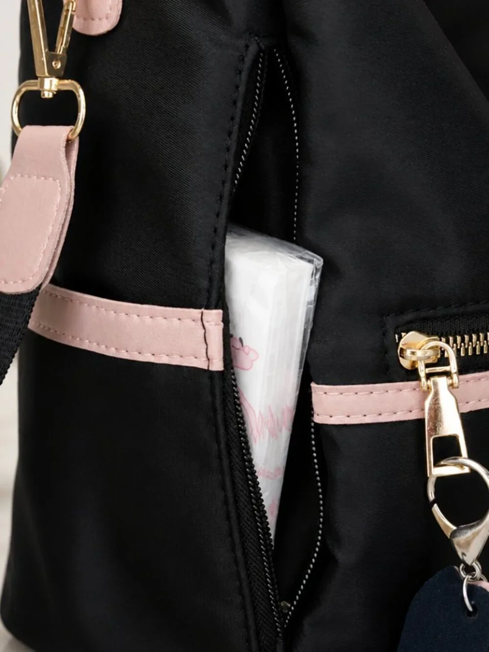 Anti-Theft Convertible Oxford Nylon Backpack Black Pink Cat Charm 3-Way Carry